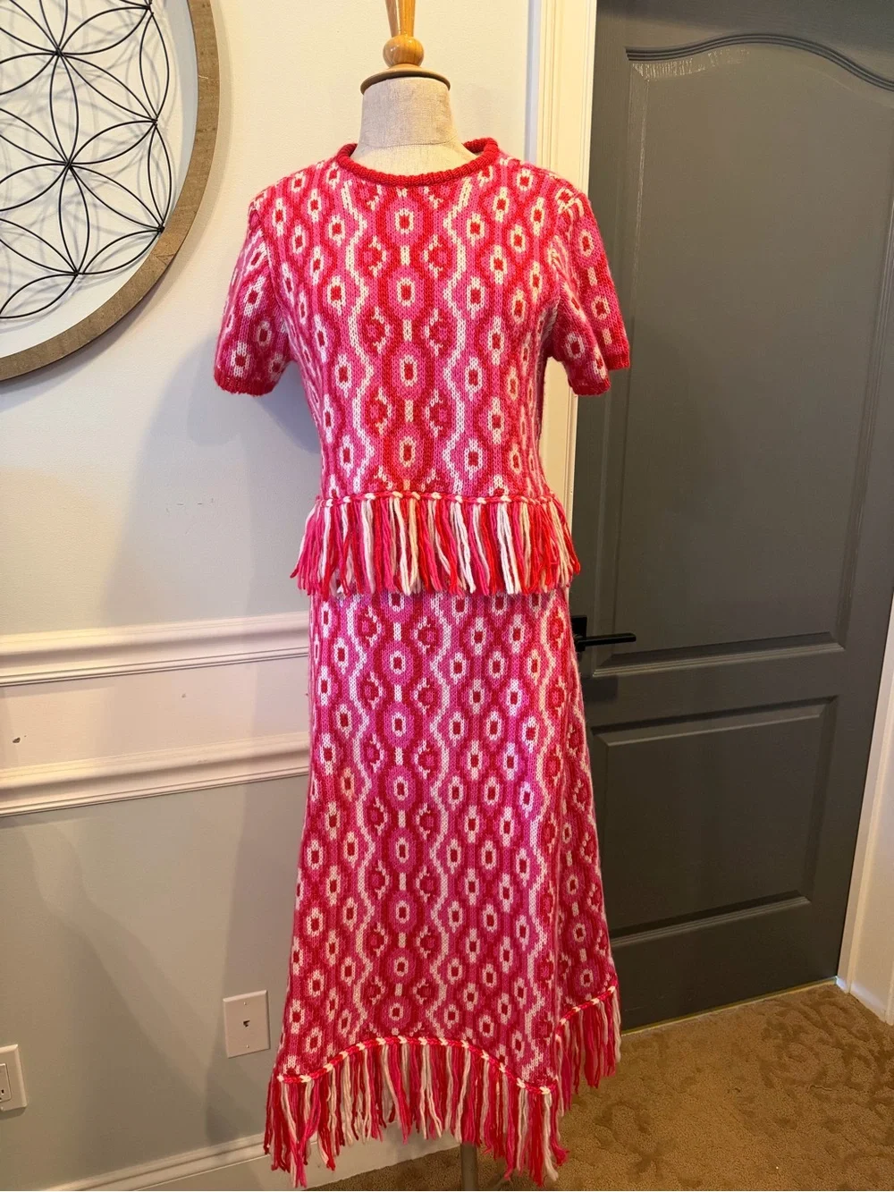 Hyacinth House Tuckernuck Mabel Fringed Knit Skirt Set in Bright Pink Geometric